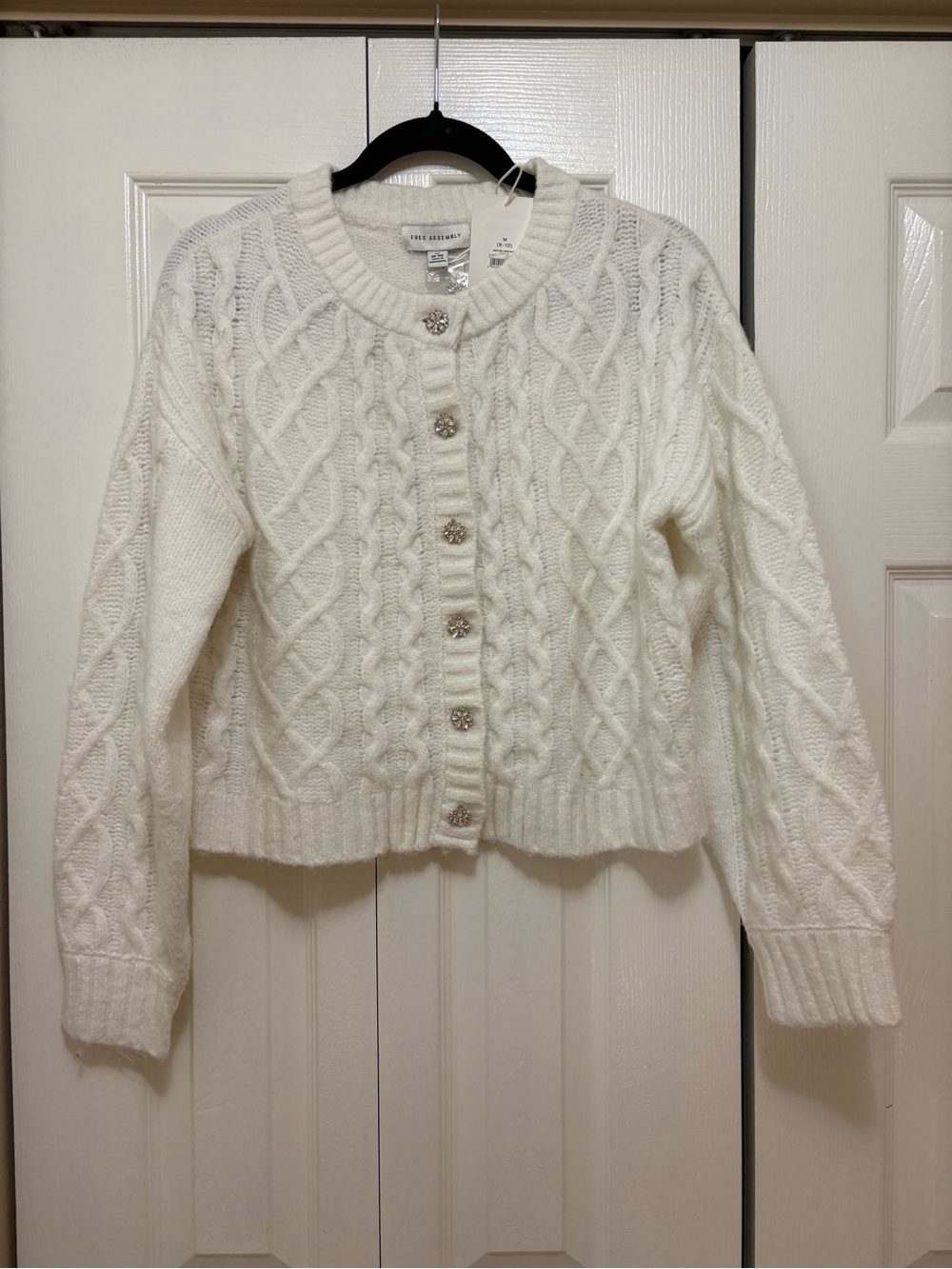 Free Assembly Cream Cable-Knit Jeweled Button Cardigan